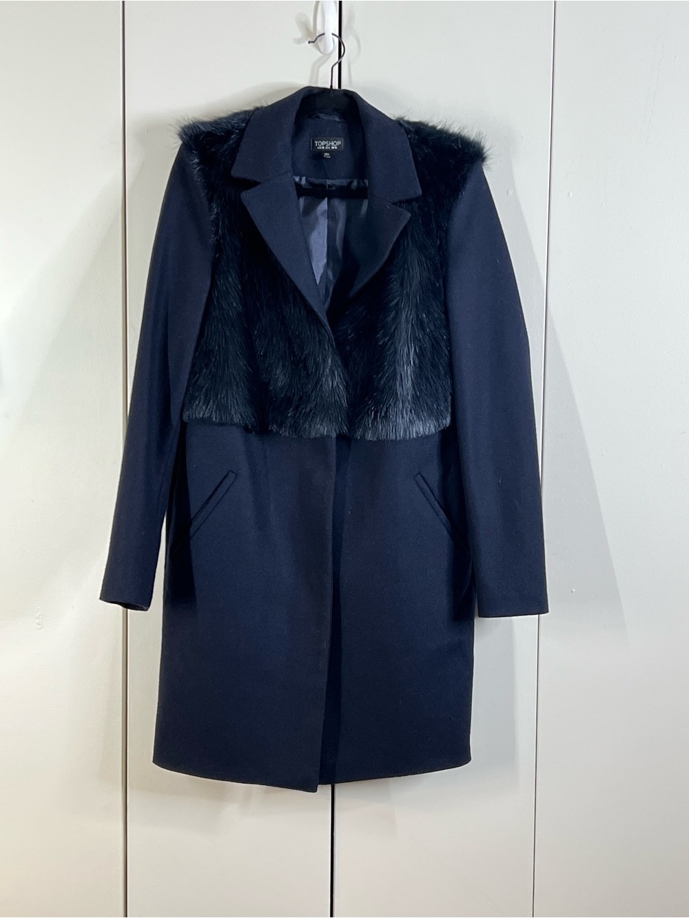 Topshop Size 6 Navy Faux Fur Trim Coat Women’s Long Wool Blend Open Front Jacket